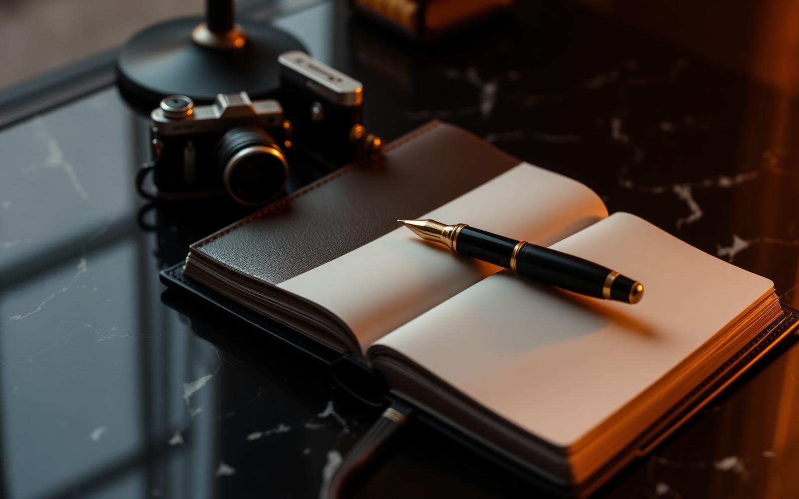 A notebook and pen beside a camera