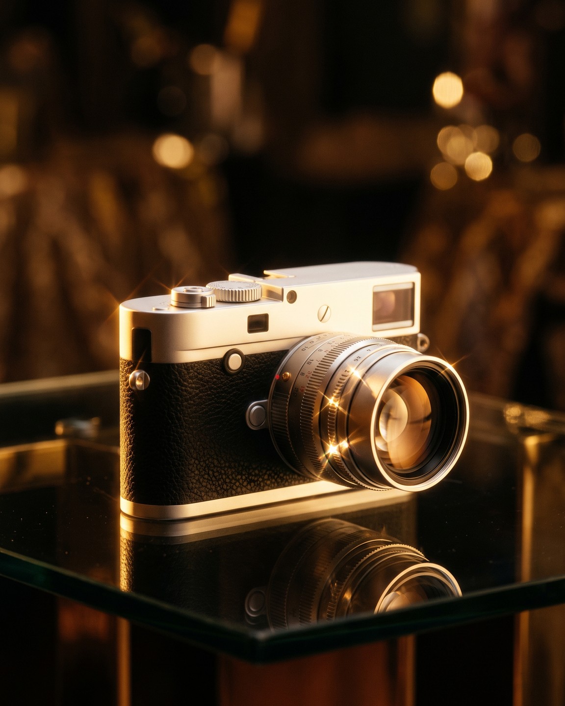 A camera on a wooden tripod in warm, low light
