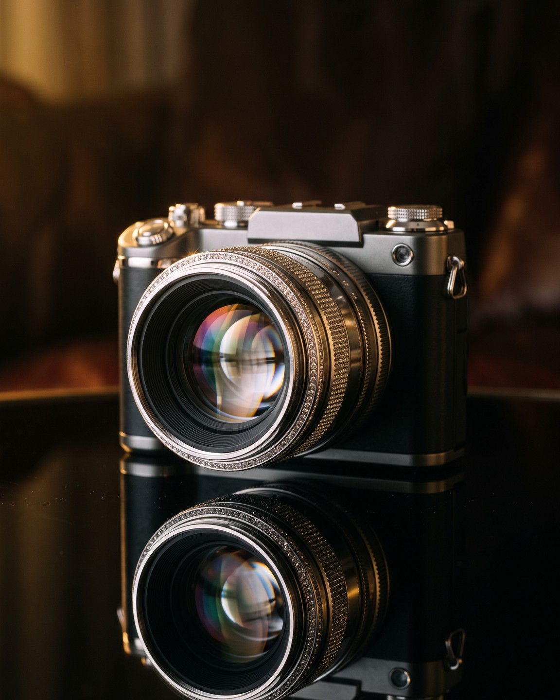 A camera on a wooden tripod in warm, low light