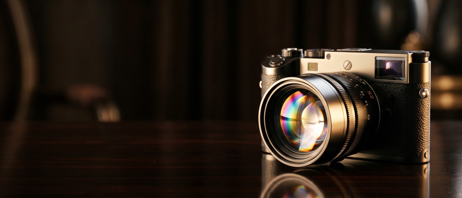 A camera, cream linen and gold pens on pale marble