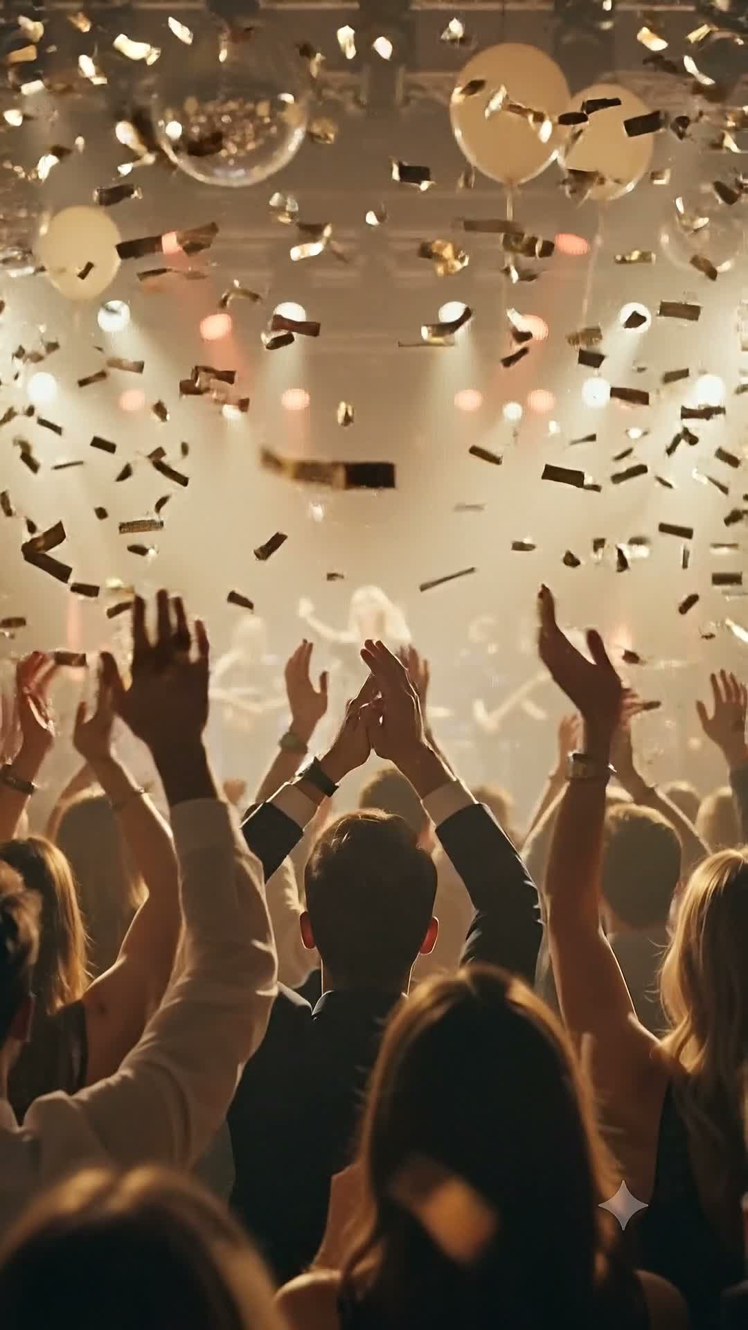 A crowd with hands raised as confetti falls