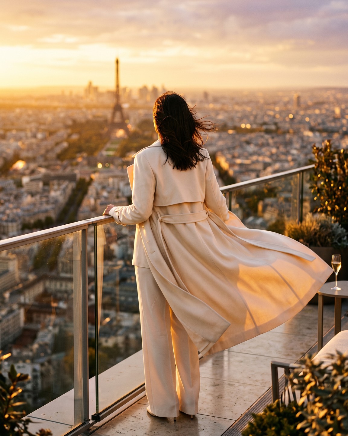 A rooftop terrace at golden hour